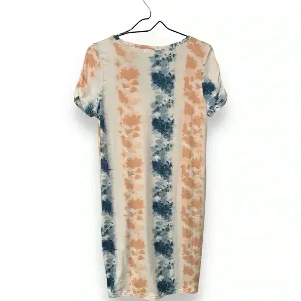 Full Circle Trends Knee Length Teal/Peach/White Tie Dye Rouched T-Shirt dress XL - Picture 2 of 14